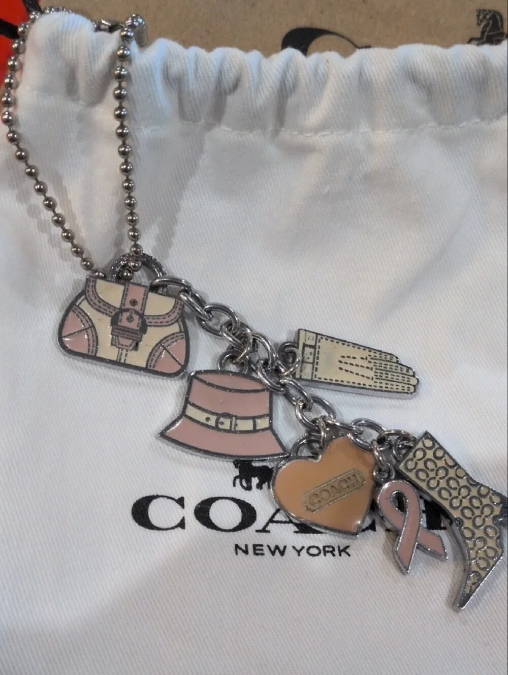 Coach Vintage Pink Breast Cancer Ribbon Multi Charm Keychain Bag Fob Purse Boot
